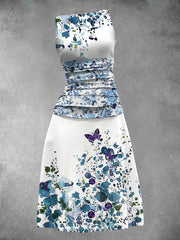 Women's Vintage Blue Floral Butterfly Art Print Sleeveless Casual Dress