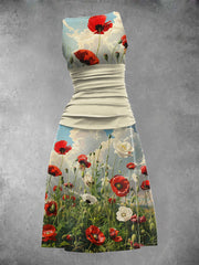 Women's Vintage Poppy Floral Art Print Sleeveless Casual Dress