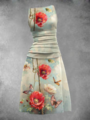 Women's Retro Poppy Upside Down Butterfly Art Print Sleeveless Casual Dress