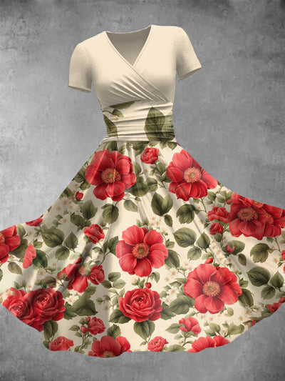 Women's Retro V-Neck Poppy Art Print Short Sleeve Casual Dress
