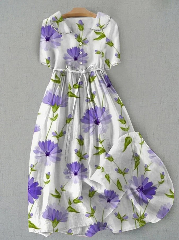 Elegant Purple Daisies Printed V-Neck Button Vintage Fashion Short Sleeve Midi Dress