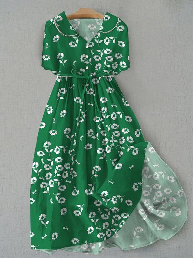 Green Floral Design Printed V-Neck Button Vintage Fashion Short Sleeve Midi Dress