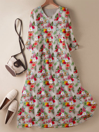 Elegant Tropical Floral Printed V-Neck Elegant Chic Loose Long Sleeve Maxi Dress