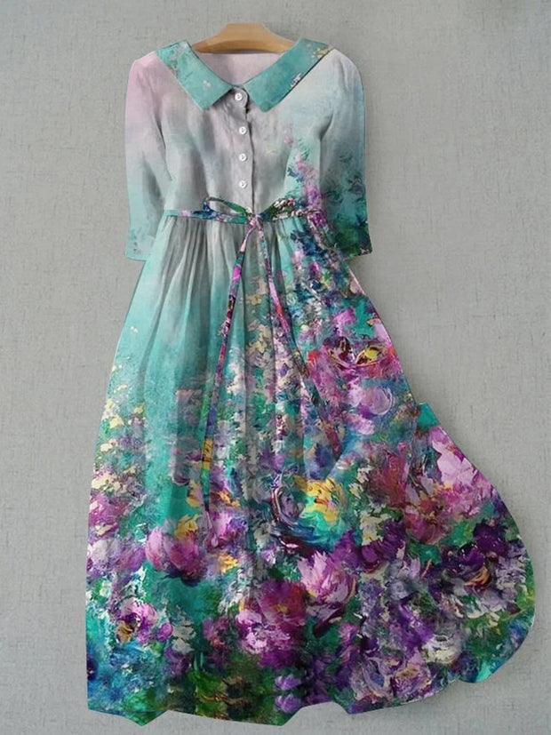Floral Painting Printed V-Neck Button Vintage Fashion Short Sleeve Midi Dress