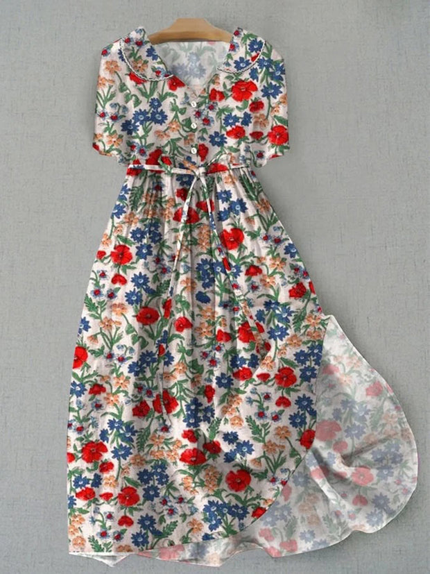 Elegant Retro Tropical Floral Printed V-Neck Button Vintage Fashion Short Sleeve Midi Dress