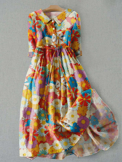 Tropical Floral Printed V-Neck Button Vintage Fashion Short Sleeve Midi Dress