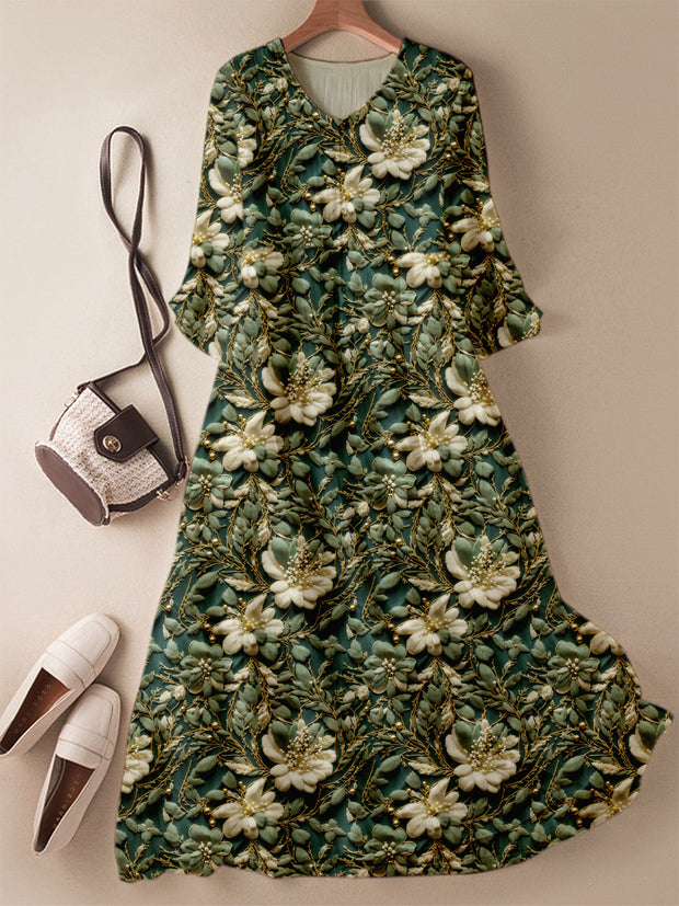 Elegant Retro Floral Printed V-Neck Elegant Chic Loose Long Sleeve Maxi Dress