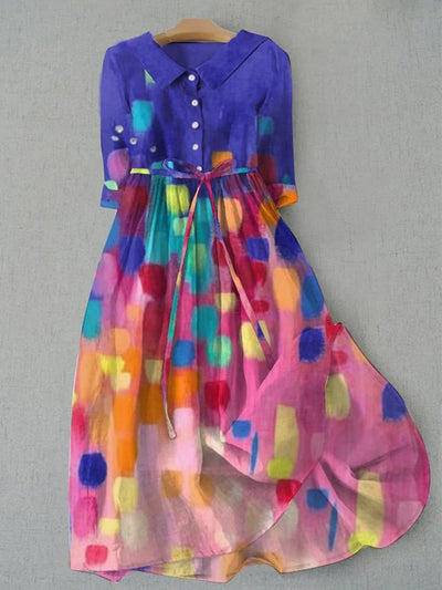 Colored Polka Dot Art Printed V-Neck Button Vintage Fashion Short Sleeve Midi Dress