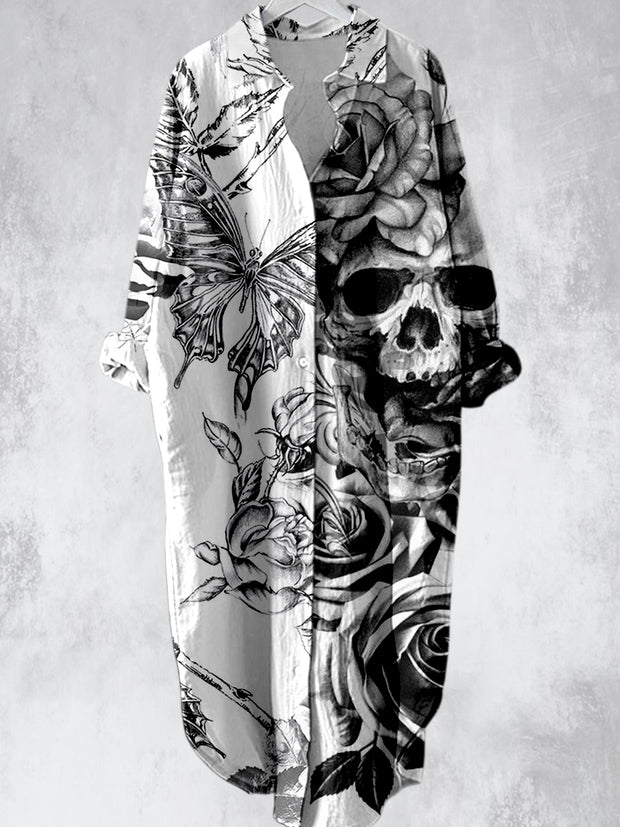 Punk Skull Floral Design Printed V-Neck 50s Vintage Fashion Short Sleeve Midi Dress