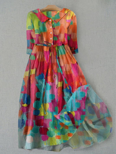 Colorful Oil Strokes Printed V-Neck Button Vintage Fashion Short Sleeve Midi Dress