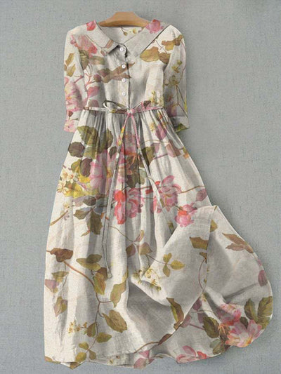 Elegant Retro Floral Printed V-Neck Button Vintage Fashion Short Sleeve Midi Dress
