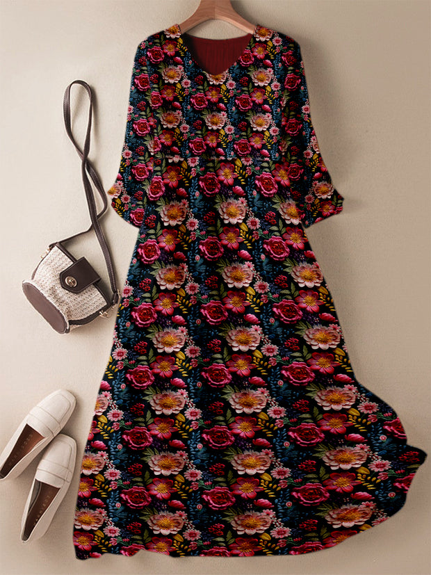Elegant Retro Floral Printed V-Neck Elegant Chic Loose Long Sleeve Maxi Dress