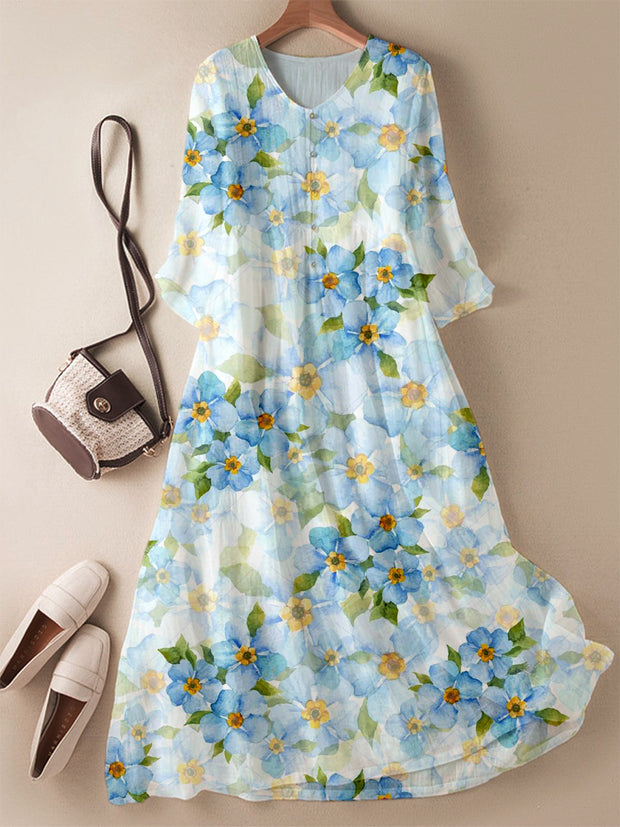Elegant Light Blue Floral Printed V-Neck Elegant Chic Loose Long Sleeve Maxi Dress