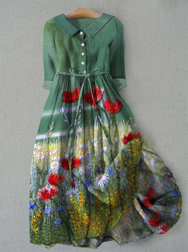 Elegant Flower Art Printed V-Neck Button Vintage Fashion Short Sleeve Midi Dress