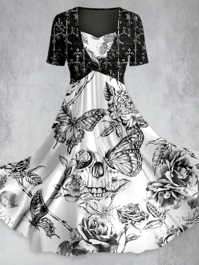 Skull Butterfly Floral Print V-Neck Short Sleeve Maxi Dress