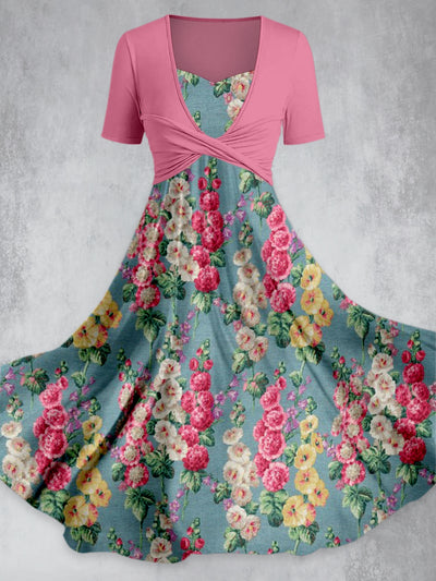 Retro Floral Printed Elegant Vintage V-Neck Fold Short Sleeve Maxi Dress