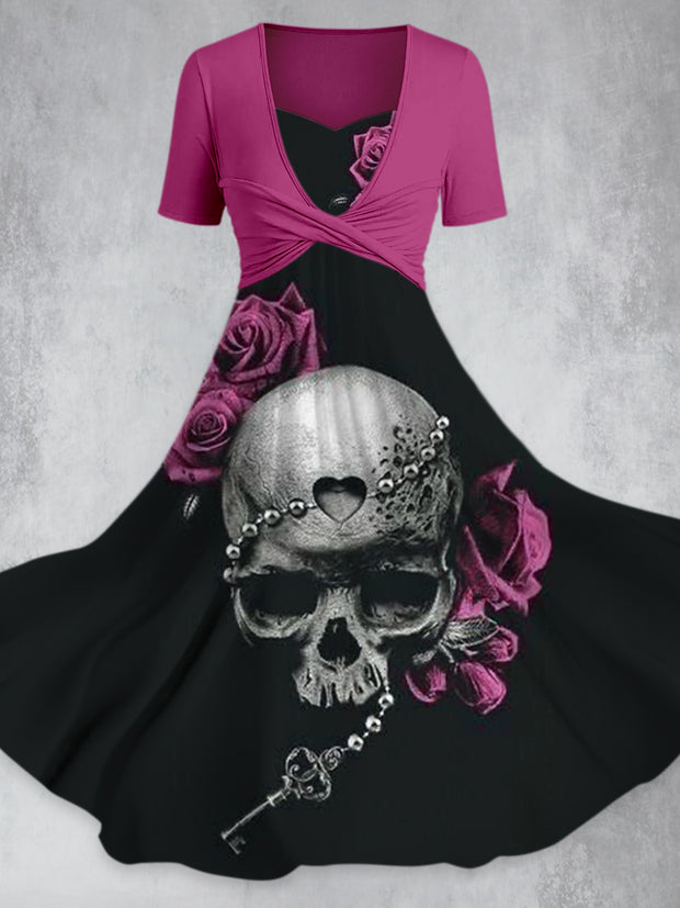 Retro Skull Floral Print V-Neck Short Sleeve Maxi Dress
