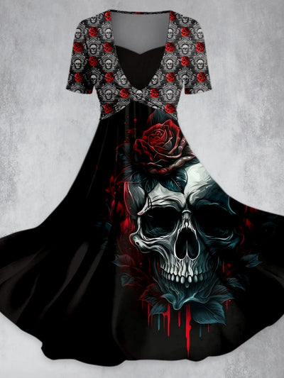 Retro Skull Floral Print V-Neck Short Sleeve Maxi Dress