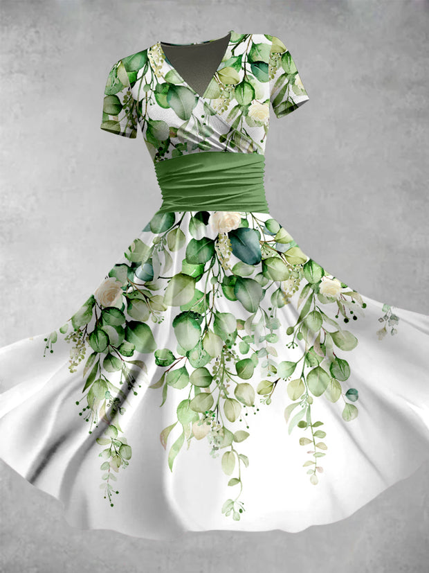 Green Plant Floral Print V-Neck Short Sleeve Midi Dress