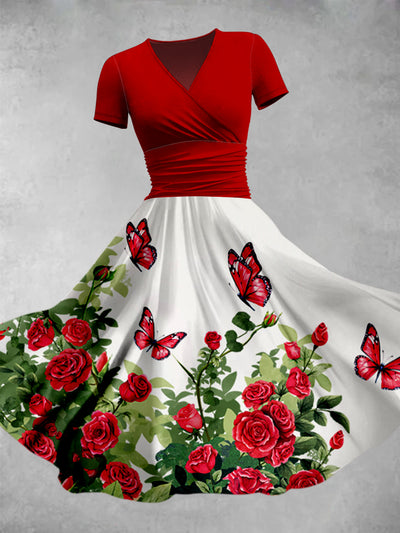 Floral Butterfly Art Printed V-Neck Vintage Fashion Short Sleeve Midi Dress