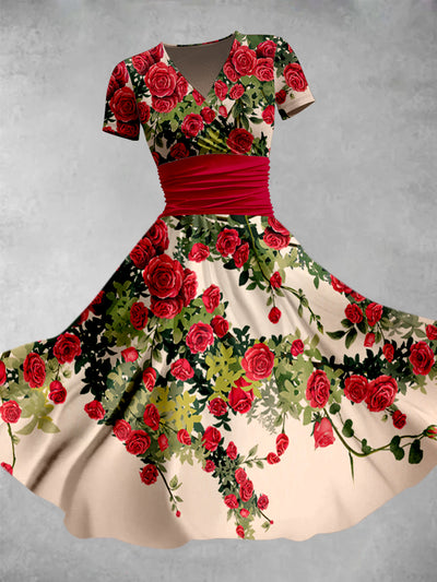 Retro Floral Art Print V-Neck Short Sleeve Midi Dress