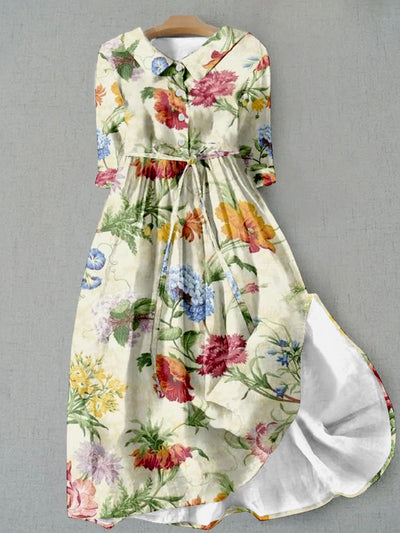 Elegant Flower Printed V-Neck Button Vintage Fashion Half Sleeve Midi Dress