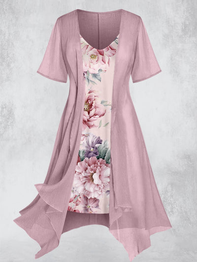 Vintage Floral Print V- Neck Slip Dress Short Sleeve Midi Dress Two Piece Set