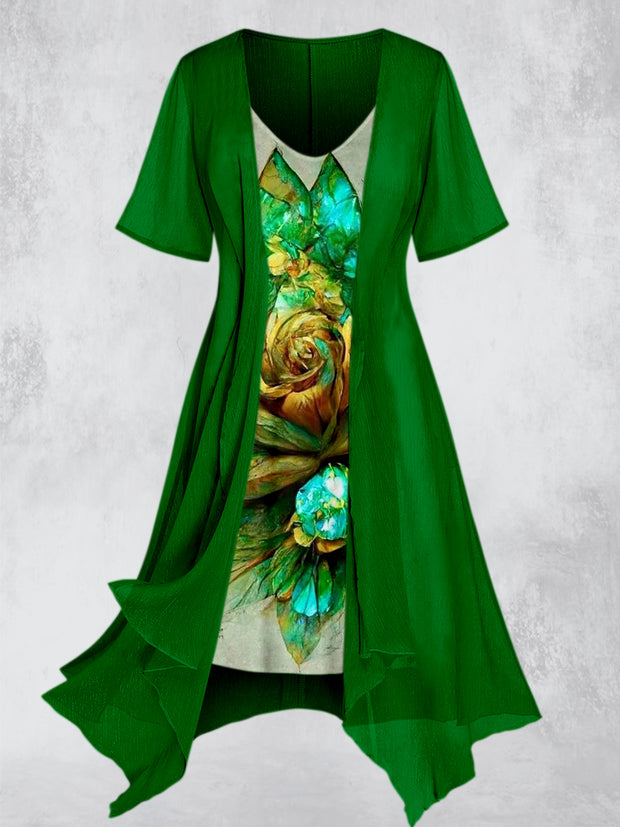 Vintage Emerald Flowers Print Dress Set